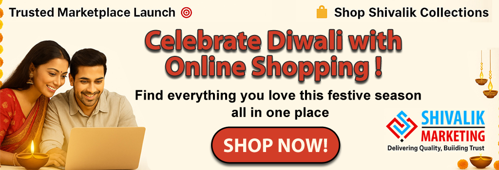 Celebrate Diwali with Shivalik Marketing – Trusted Marketplace for Festive Shopping Indian couple shopping online during Diwali festival with marigold decorations, diyas, and festive gifts – Shivalik Marketing hero banner